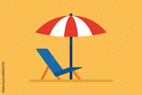 Vector art of minimalist illustration of a beach chair and umbrella against a yellow background, evoking a sense of summer vacation and relaxation by the sea
