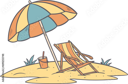 Vector art of cartoon beach scene featuring a beach chair under an umbrella on a sandy island, creating a relaxing and summery atmosphere