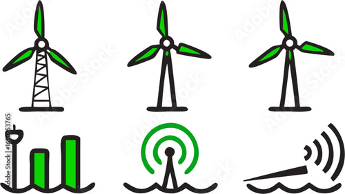 Three modern wind turbines generating renewable green energy alongside icons for cellular signal transmission and data
