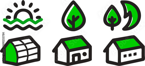 Simple green icons representing nature sustainability and eco friendly housing solutions for a cleaner planet and renewable energy future