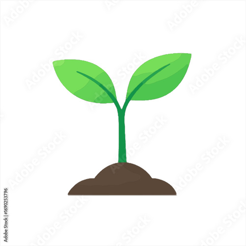 Flat vector illustration of young seedling sprouting from soil, minimal eco design with green leaves