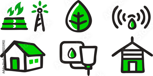 Set of simple icons representing energy industrial plant tower leaf water droplet smart home irrigation system and traditional house
