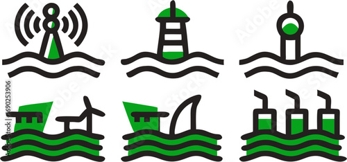 Set of marine industry icons representing communication navigation renewable energy power generation and offshore structures with green accents