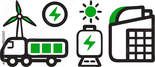 Clean energy solutions including wind turbine truck solar powered battery storage and electricity generation technology icons