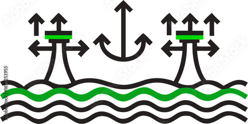 Conceptual illustration of growth and expansion from a water source with directional arrows indicating movement and progress upward and outward