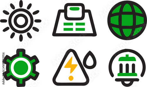 Set of green and black icons representing sustainability renewable energy global environment technology industrial innovation and waste management solutions