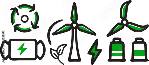 Renewable energy icons including wind turbines batteries leaf symbols lightning bolt and recycle symbol for eco friendly power solutions