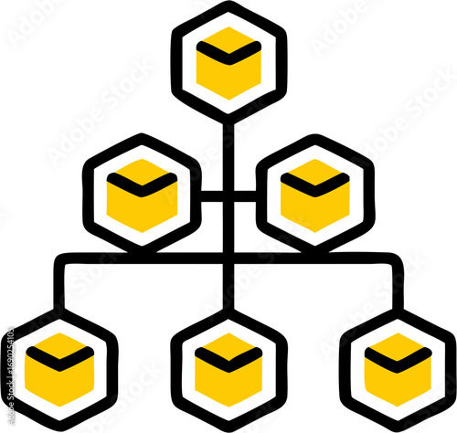 A branching network diagram showing interconnected hexagons representing data structure hierarchy or organizational chart concepts