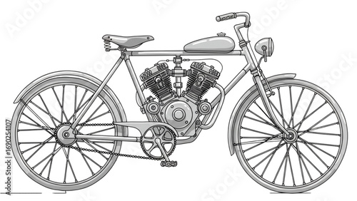 Vintage Steam Bike One Line Drawing Vector Illustration with Detailed Mechanics Monochrome