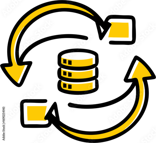 Icon representing the continuous cycle of data exchange and financial transactions showing stacks of coins in a central point with arrows indicating flow
