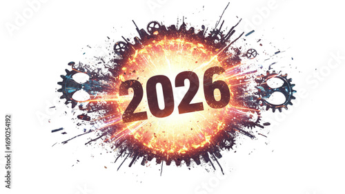 Futuristic 2026 Emerging from Glowing Time Portal with Light Streaks and Floating Gears