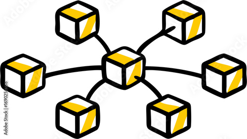 A stylized interconnected network of bright yellow cubes representing data structure communication and digital connection systems