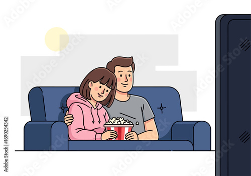 Couple enjoying popcorn on a couch while watching tv. Ideal for entertainment, leisure, happiness, relationships, home activities, and cozy concepts.