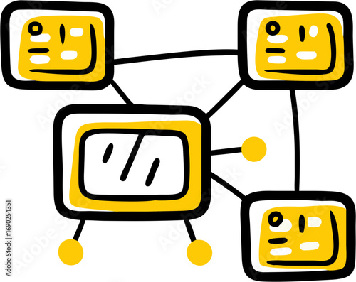 A simple hand-drawn illustration depicting a network connection between multiple devices like computers and screens for technology concepts