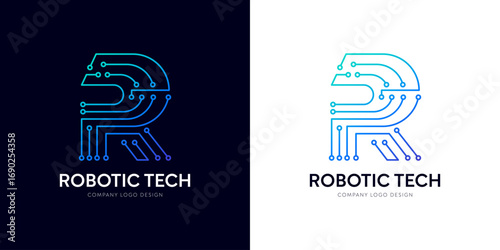 R letter logo design for Ai Robot, automated technology in circuit electric line typographic innovation tech. Abstract futuristic cyber gradient blue text for brand company. Digital techno logo title.