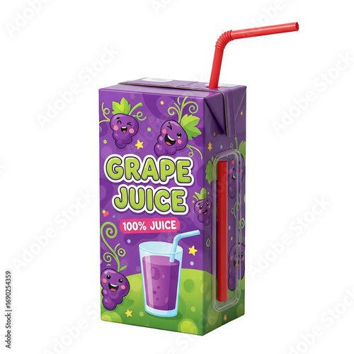 Photo of a purple juice box with cartoon grapes and the words grape juice 100 juice and a glass of grape juice with a straw, isolated on transparent background