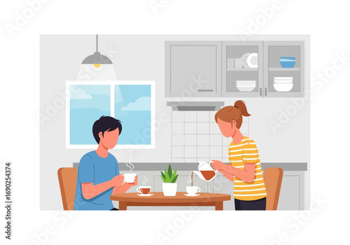 Woman pouring coffee for man in modern kitchen  perfect for illustrating morning routine and hospitality themes in designs.