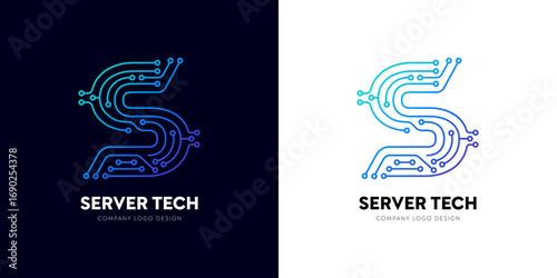 S letter technology logo design for software, security server in circuit electric line typographic innovation tech. Abstract futuristic cyber gradient blue text for brand company. Digital techno logo