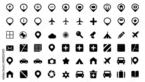 A large collection of simple black and white icons representing various navigation location map pins airplanes cars houses and other useful symbols
