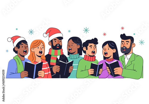 Group of people in santa hats and sweaters sing christmas carols. Suitable for holiday greeting cards, social media posts, and website banners.