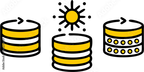 Clean flat vector icons illustrating dynamic data processing cycles, energy resource input, and structured information management systems for digital applications