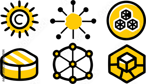 Six graphic design icons representing concepts like copyright network connection abstract shapes and creative digital art elements