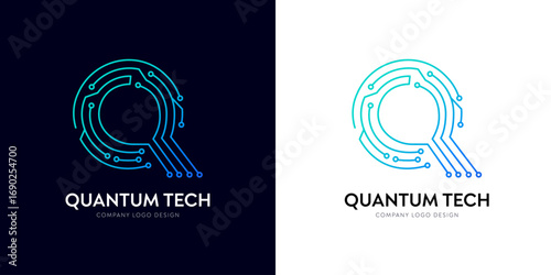 Q title electronics line for quantum computing technology brand logo design. Futuristic query or AI innovation tech text circuit letter with cyber typographic in gradient blue chip processor logotype.