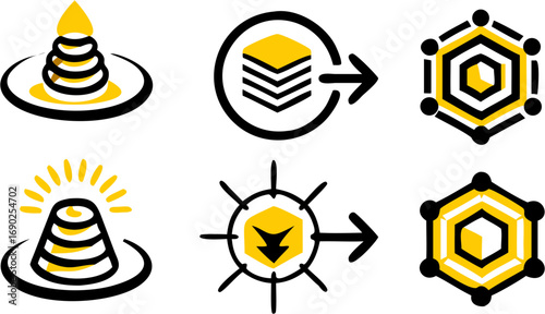 Abstract geometric shapes stack hexagons arrows and sunburst elements in yellow and black representing concepts like data structure growth and organization