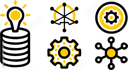 Conceptual icons representing innovation idea generation technology development data integration system connection and problem solving solutions