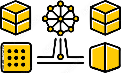 Conceptual illustration of interconnected data blocks and processing nodes representing digital transformation and technological innovation in a network