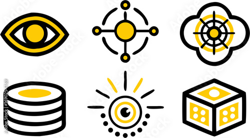 Six diverse yellow and black modern icon symbols representing vision strategy target focus opportunity insight and decision making choices