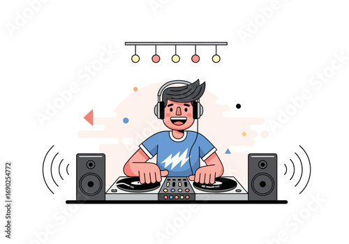 Dj in headphones spinning records between two speakers, great for musicrelated designs, events, and promotions with a fun twist.