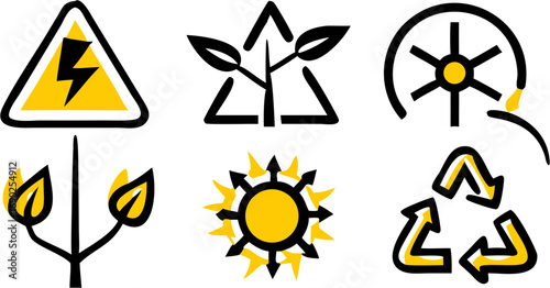 Collection of icons representing renewable energy sources and environmental conservation with symbols for electricity sun plant recycle and power