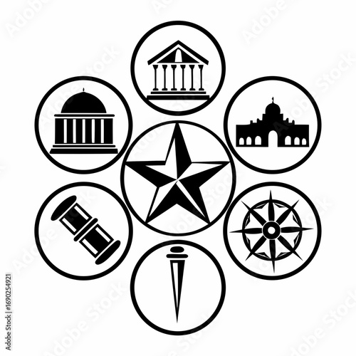 Texas seal with star in center surrounded by icons of education, history, and exploration