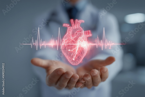 Holding a glowing heart hologram with a modern medical background during World Heart Day event promoting heart health awareness and cardiovascular wellness