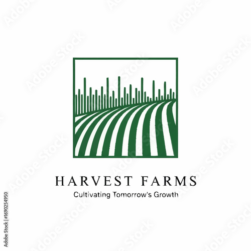 Green logo featuring a stylized farm field with crops and a cityscape, representing growth.