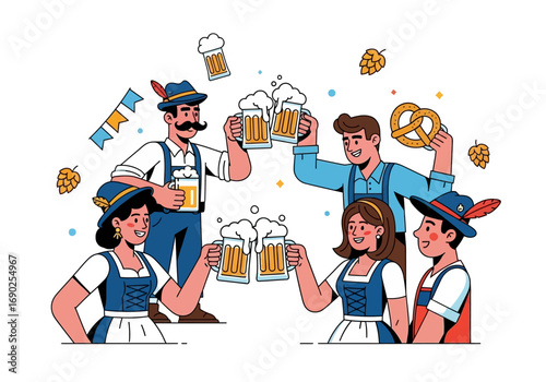 People in traditional oktoberfest attire celebrate with beer, pretzels, and hops. Perfect for festive promotions, beerrelated content, and oktoberfestthemed designs.