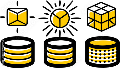 Innovation process cube sun light bulb idea technology development system integration data management database solution efficiency