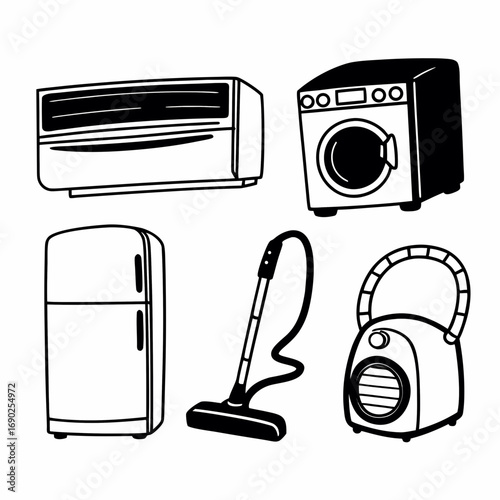 Illustration of various home appliances including air conditioner, washer, refrigerator