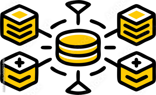 Central data hub connected to multiple nodes representing distributed computing and information network systems for technology innovation