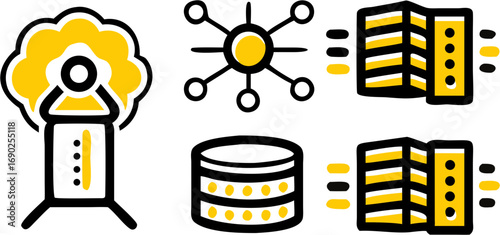 A collection of abstract conceptual icons representing ideas connections data storage and technology development in modern business operations