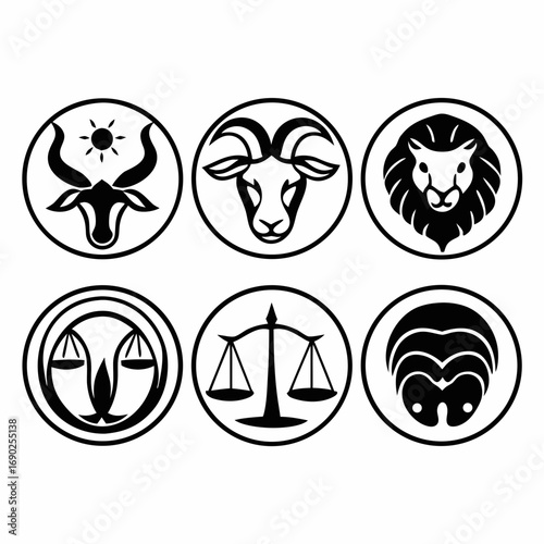 Collection of zodiac signs in black and white circles, including taurus, aries, leo, libra