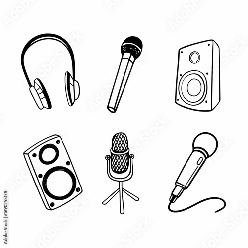 Illustration of different audio equipment, including headphones and microphones