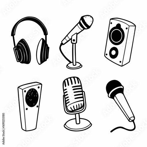 Illustration of various audio equipment, including headphones and microphones