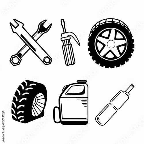 Illustration of various car repair tools and parts, including tire and wrench