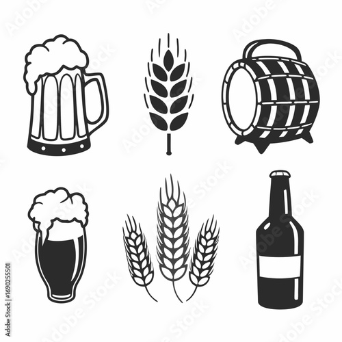 Collection of beer brewing icons in black and white vector illustration