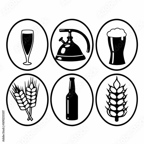 Collection of beer brewing icons in black and white vector illustration