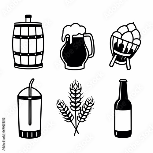 Collection of beer brewing icons in black and white vector illustration