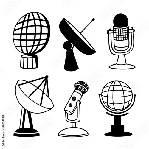 Telecommunication equipment satellite dish, microphone, and globe in doodle style