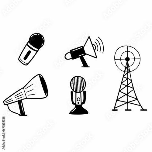 Communication devices microphone, megaphone, antenna, and loudspeaker in doodle style